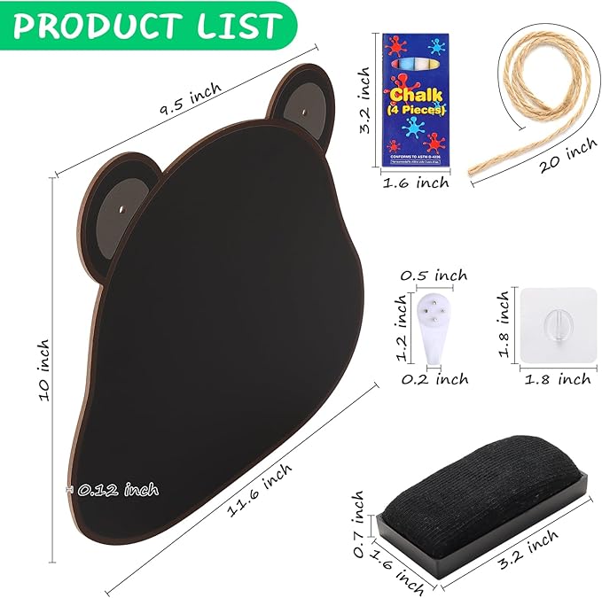 12‘’×10‘’ Wooden Double Sided Hanging Chalkboard Sign, Erasable Kids Chalkboard with Hanging String, 4 Chalks, 2 Hooks,1 Eraser, Message Blackboard Sign for Store Classroom Office Outdoor (Bear)