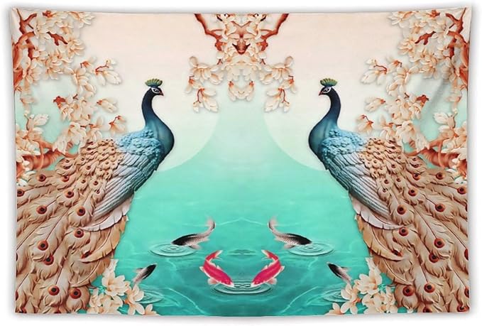 ZhiRain Peacock Tapestry Wall Hanging Retro Floral Elegant Vintage Feather Flower Theme Koi Fish Tapestries Home Decor for Living Room Bedroom Farmhouse Apartment Dorm 40"x60"