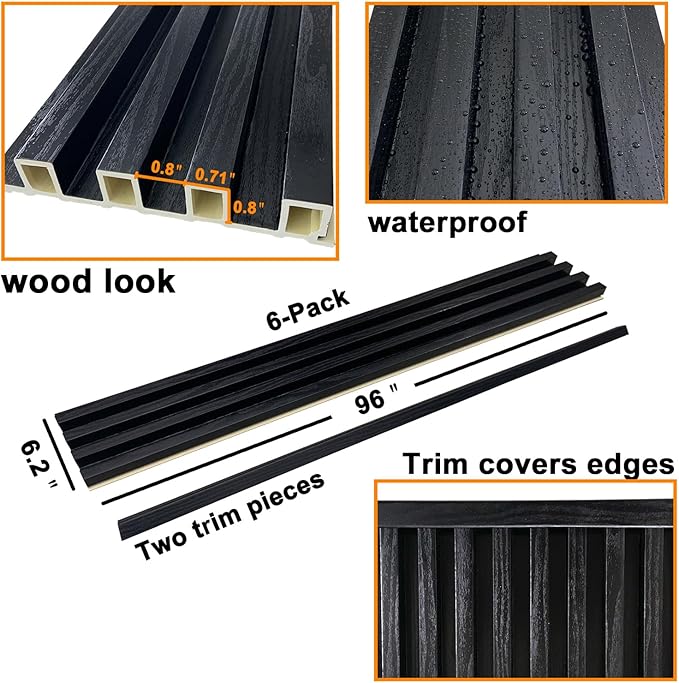 YLL YLL 6-Pack Slat Wall Panel with 2 Trims Wood Grain Slat Wall 96" x 6.2" WPC Slats 3D Wall Panels Black Grille