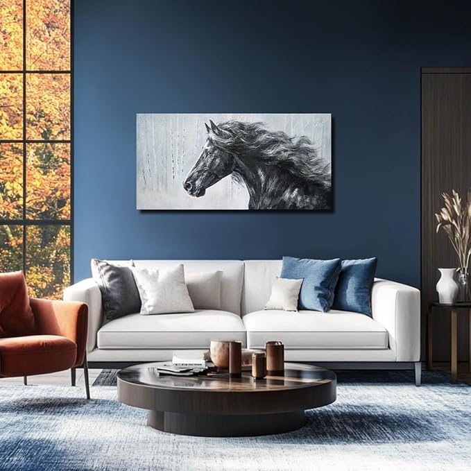 ZHENGYIN Black and White Horse Canvas Wall Art, Equine Portrait Artwork in Neutral Gray Birch Forest Scene, Rustic Farmhouse Animal Wall Decor for Living Room Bedroom Entryway, 20×40 Inch