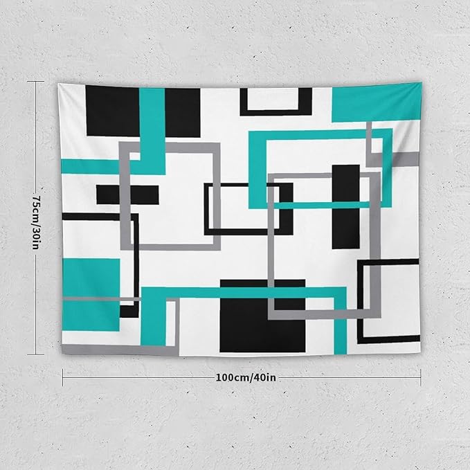 ZhiRain Teal Tapestry Wall Hanging Mid Century Modern Turquoise Abstract Aqua Black Grey Geometric White Backdrop Tapestries Home Decor for Living Room Bedroom Apartment Farmhouse 30"x40"