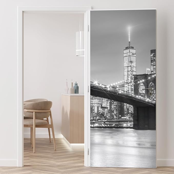wall26 Brooklyn Bridge and New York City Manhattan Downtown Skyline at Dusk with Skyscrapers Removable Wall Mural Self-Adhesive Large Wallpaper - 96x96 inches