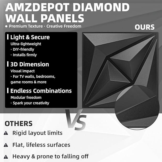 AMZDEPOT 3D Wall Panels for Interior Wall Decor, 3 Layout Options PVC Textured Wall Art Decor for Living Room Bedroom TV Background Gaming Room, 12''x12'', 20 Pcs Black