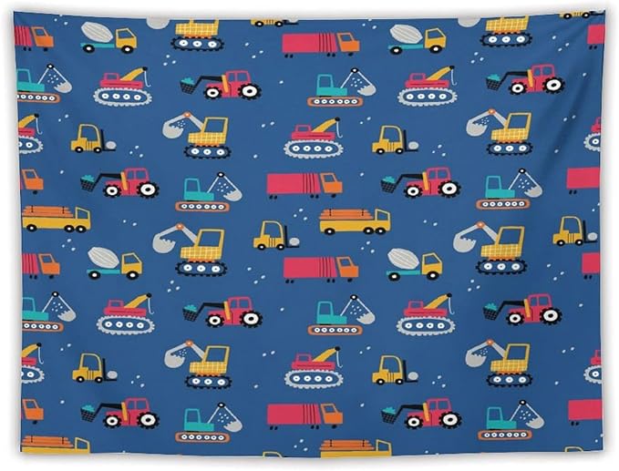 ZhiRain Cartoon Cars Print Tapestry Wall Hanging for Kids Room Cartoon Shovel And Trucks Blue Tapestries Home Decor for Living Room Bedroom Apartment Farmhouse Dorm 60"x80"