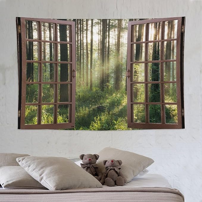 ZhiRain Forest Tree Scenery Tapestry Wall Hanging Nature Landscape Sunshine Through Tree Green Fresh Woodland Tapestries Home Decor for Living Room Bedroom Apartment Farmhouse Dorm 60"x90"