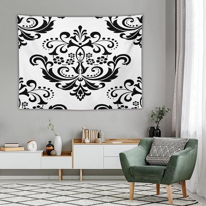 ZhiRain Baroque Damask Floral Pattern Tapestry Wall Hanging Flowers on Black And White Antique Gothic Tapestries Home Decor for Living Room Bedroom Farmhouse Apartment Dorm 60"x80"