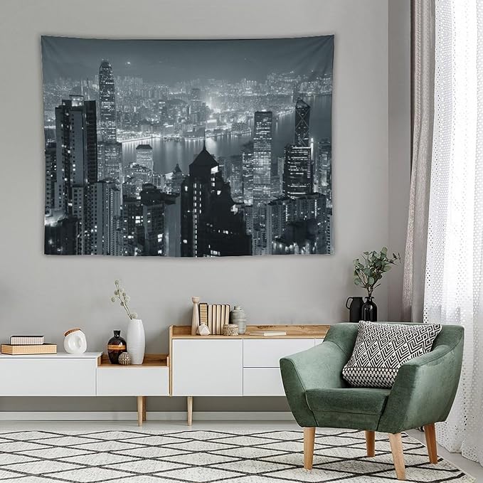 ZhiRain City Tapestry Wall Hanging Aerial Night View Hong Kong Skyline Modern Famous Urban Town Tapestries Home Decor for Living Room Bedroom Apartment Farmhouse Dorm 60"x80"