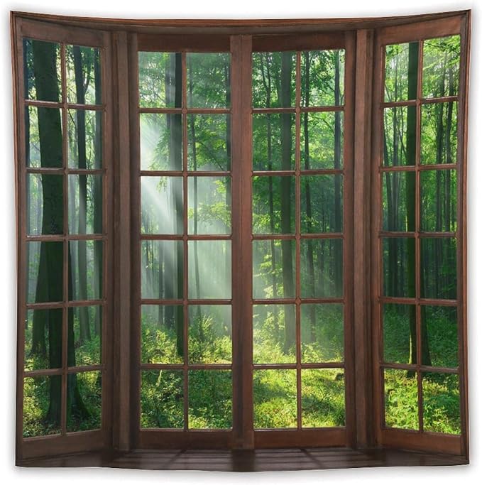 ZhiRain Forest Tapestry Wall Hanging Green Tree Full Scenery Window Jungle Wild Nature Landscape Print Tapestries Home Decor for Living Room Bedroom Apartment Farmhouse Dorm 60"x60"