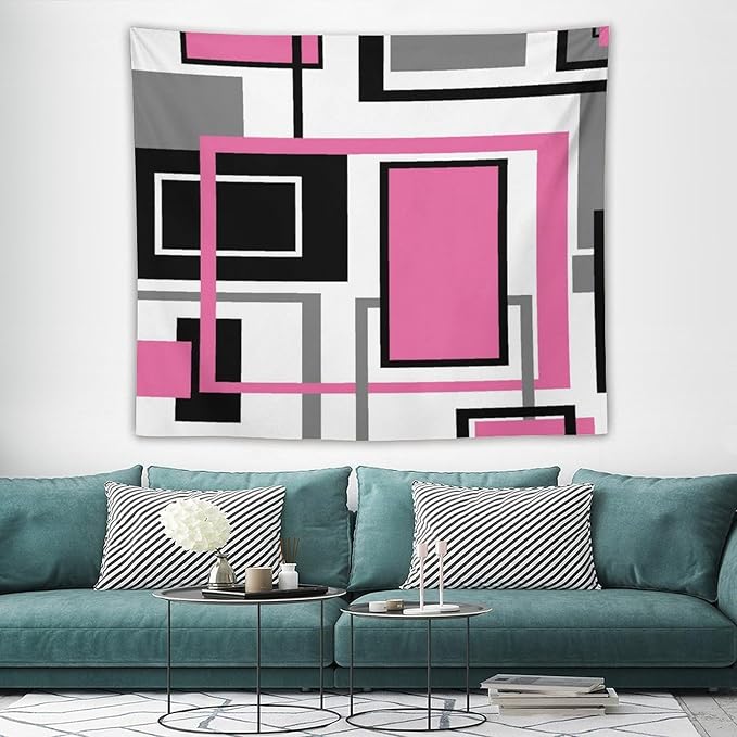 ZhiRain Modern Pink Tapestry Wall Hanging Geometric Pink Gray Black Tapestries Home Decor for Living Room Bedroom Farmhouse Apartment Dorm 50"x60"