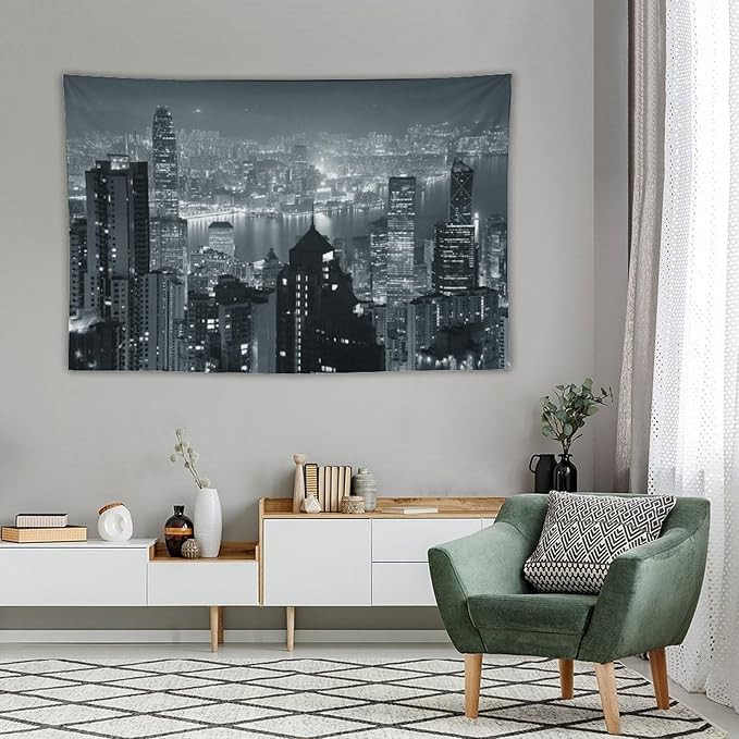 ZhiRain City Tapestry Wall Hanging Aerial Night View Hong Kong Skyline Modern Famous Urban Town Tapestries Home Decor for Living Room Bedroom Apartment Farmhouse Dorm 60"x90"