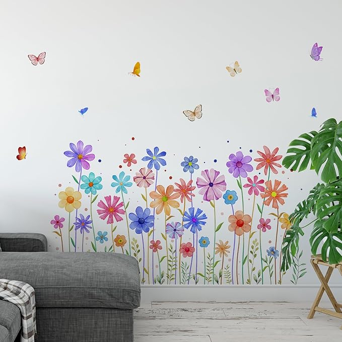 3 Pieces Colorful Flowers Wall Decals Vinyl Colorful Flowers Wall Stickers Removable Floral Art Murals Peel and Stick Colorful Decor for Girls Bedroom Living Room Nursery