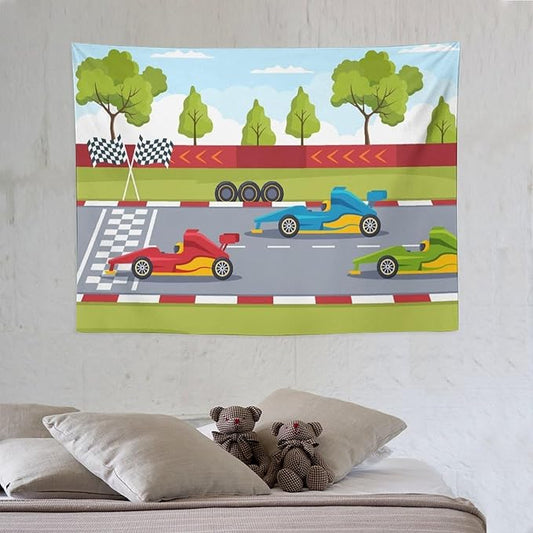 ZhiRain Race Car Tapestry Wall Hanging Cartoon Racing Car Track Formula Racer Sports Finish Line Tapestries Home Decor for Living Room Bedroom Apartment Farmhouse Dorm 30"x40"