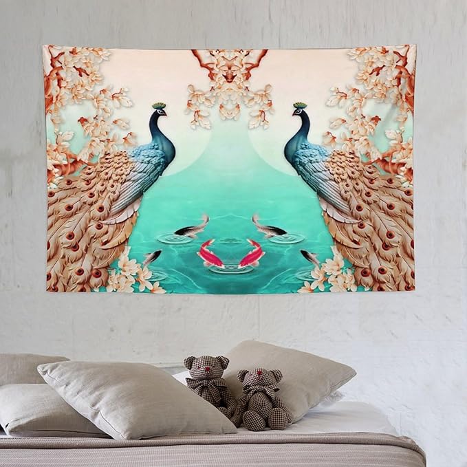 ZhiRain Peacock Tapestry Wall Hanging Retro Floral Elegant Vintage Feather Flower Theme Koi Fish Tapestries Home Decor for Living Room Bedroom Farmhouse Apartment Dorm 40"x60"