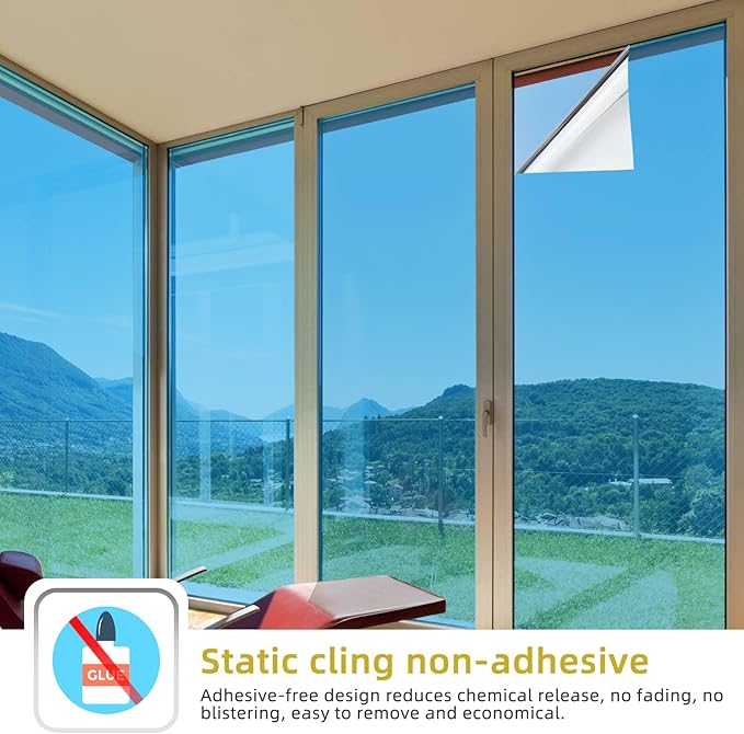 WPCTEV Window Privacy Film One Way Daytime Mirror Tint Treatments UV Heat Control Vinyl Stickers Sun Block Glass Paper Door Covering Reflective (Light Blue Silver, 35.4 Inch x 6.5 Feet)