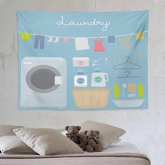 ZhiRain Laundry Room Tapestry Wall Hanging Blue Cartoon Wash Dry Fold Tapestries Home Decor for Living Room Bedroom Farmhouse Apartment Dorm 60"x80"