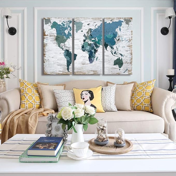 ZEYDRT Teal blue Wall Art Watercolor Abstract Wall Decal Large Office Canvas Wall Art 24in x48in x3 Painting for Bedroom Decoration for Living Room 3 piece Blue Artwork for Walls