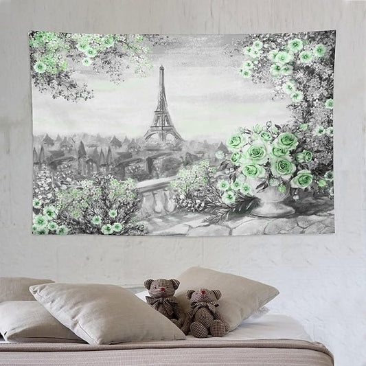 ZhiRain Vintage Paris Tapestry Wall Hanging Eiffel Tower Green Rose Flower Spring Cityscape Gray Tapestries Home Decor for Living Room Bedroom Apartment Farmhouse Dorm 60"x90"