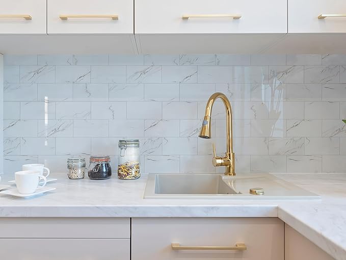 5-Pack Peel and Stick Tile Backsplash 12"X12" PVC Wall Tiles, Stick on Backsplash for Kitchen, Bathroom Tile, Fireplace Décor, Laundry Table, Stair Decals in Polished Carat Gold