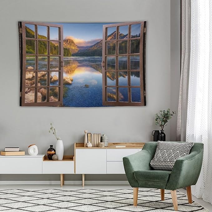 ZhiRain Mountain Scenery Tapestry Wall Hanging Wooden Window View Beautiful Lake Landscape Tapestries Home Decor for Living Room Bedroom Apartment Farmhouse Dorm 60"x90"