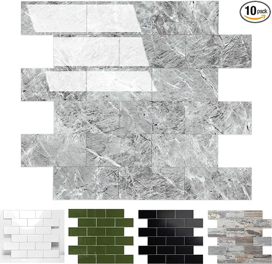 10-Pack Peel and Stick Tile Backsplash 12"X12" PVC Wall Tiles, Stick on Backsplash for Kitchen, Bathroom Tile, Fireplace Décor, Laundry Table, Stair Decals in Vintage Polished Gray
