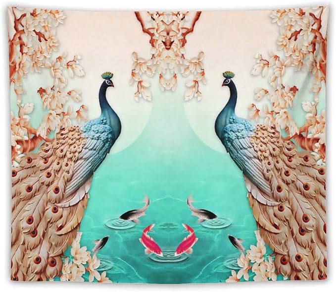 ZhiRain Peacock Tapestry Wall Hanging Retro Floral Elegant Vintage Feather Flower Theme Koi Fish Tapestries Home Decor for Living Room Bedroom Farmhouse Apartment Dorm 50"x60"