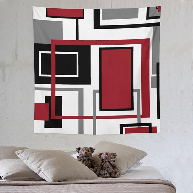 ZhiRain Red Modern Tapestry Wall Hanging Red Geometric Gray Black And Red Tapestries Home Decor for Living Room Bedroom Farmhouse Apartment Dorm 60"x60"