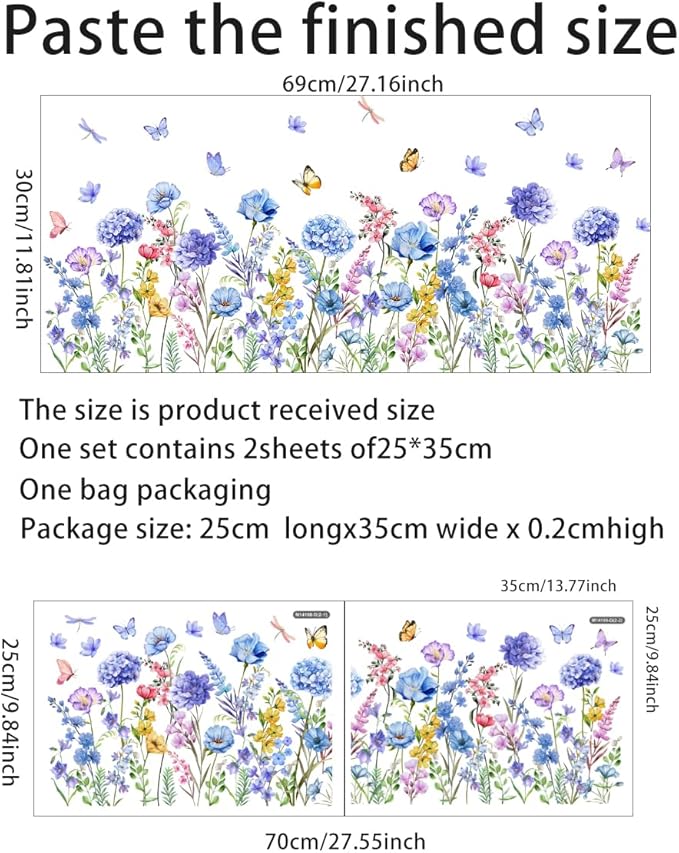 2 Pieces Purple Flowers Wall Decals Vinyl Hydrangea Wall Stickers Removable Floral Art Murals Peel and Stick Colorful Butterfly Decor for Girls Bedroom Living Room Nursery