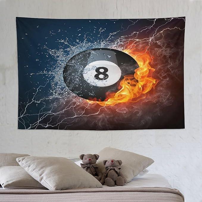 ZhiRain Teen Billiards Tapestry Wall Hanging Abstract Fire Water Black Billiard Eight Ball Tapestries Home Decor for Living Room Bedroom Farmhouse Apartment Dorm 60"x90"