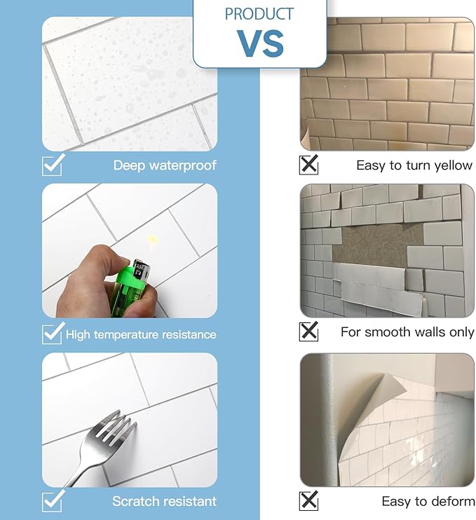 10-Pack Peel and Stick Tile Backsplash 12"X12" PVC Wall Tiles, Stick on Backsplash for Kitchen, Bathroom Tile, Fireplace Décor, Laundry Table, Stair Decals in Pure White