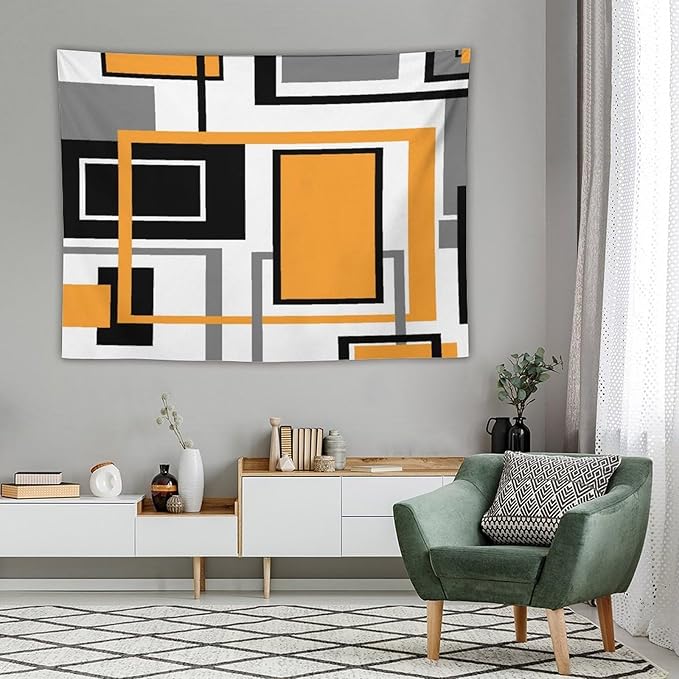 ZhiRain Modern Orange Tapestry Wall Hanging Geometric Gray Abstract Black And Grey Tapestries Home Decor for Living Room Bedroom Farmhouse Apartment Dorm 60"x80"