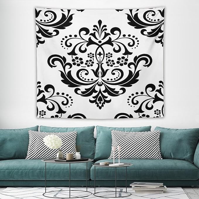 ZhiRain Baroque Damask Floral Pattern Tapestry Wall Hanging Flowers on Black And White Antique Gothic Tapestries Home Decor for Living Room Bedroom Farmhouse Apartment Dorm 50"x60"