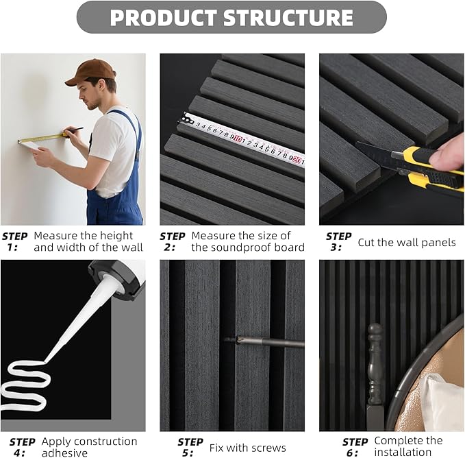 Acoustic Panels,Wood Slat for Wall & Soundproofing Wall Panels，3D Wall Panels High Density Sound Dampening Panels，4 Pack 24"x24" ，Black