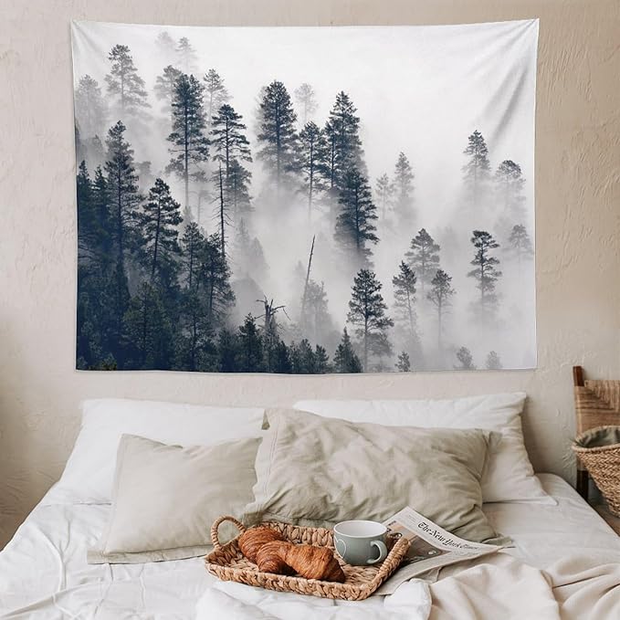 ZhiRain Misty Forest Landscape Tapestry Wall Hanging Wooden Window Forest Mountain Rustic Tapestries Home Decor for Living Room Bedroom Apartment Farmhouse Dorm 60"x80"