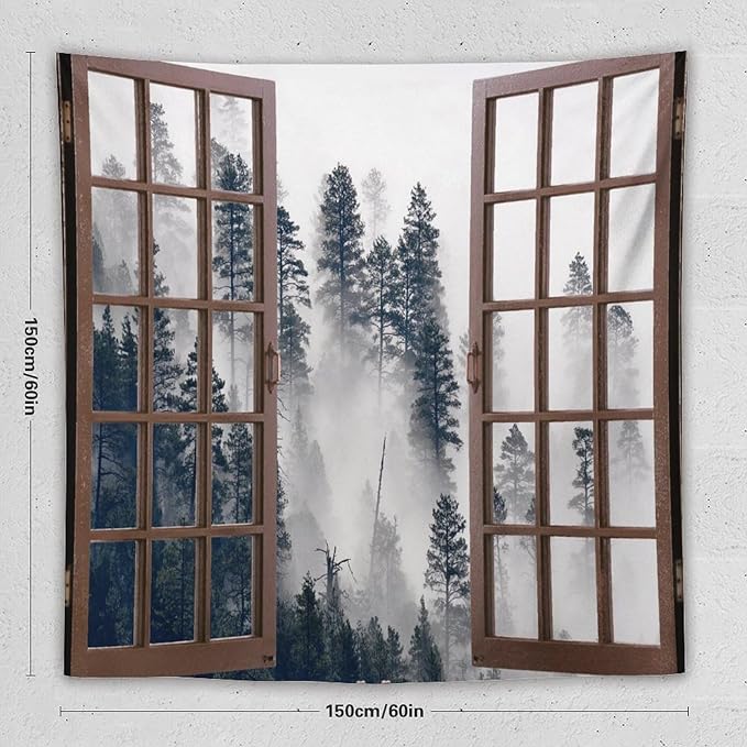ZhiRain Misty Forest Landscape Tapestry Wall Hanging Wooden Window Forest Mountain Tree Scenery Tapestries Home Decor for Living Room Bedroom Apartment Farmhouse Dorm 60"x60"