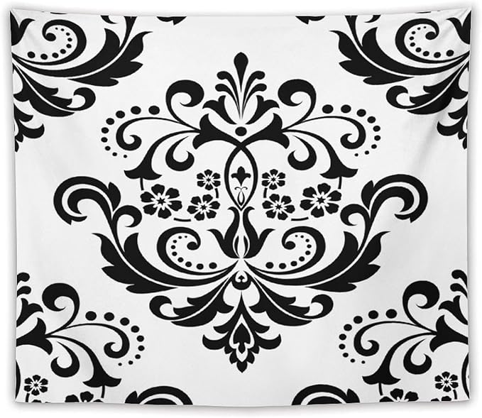 ZhiRain Baroque Damask Floral Pattern Tapestry Wall Hanging Flowers on Black And White Antique Gothic Tapestries Home Decor for Living Room Bedroom Farmhouse Apartment Dorm 50"x60"