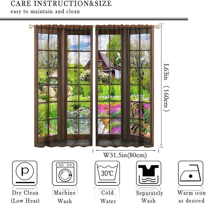 3D Landscape Curtains, Windows in Farmhouse Hut Wildlife Woods Creek Nature Landscape, Blackout Noise Reduction Curtains for Bedroom Living Room, 2 Panel Set,63X63 Inch