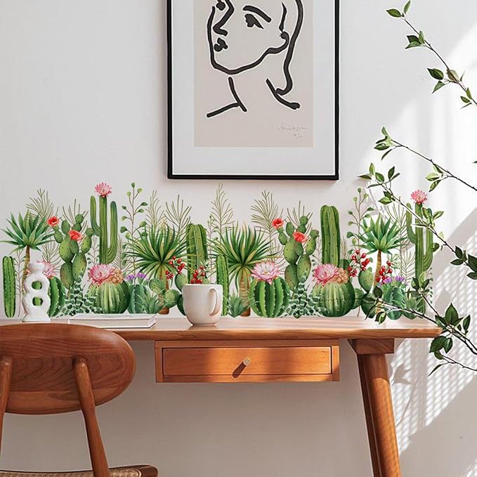 2 Pieces Cactus Wall Decals Vinyl Cacti Wall Stickers Removable Cactus Art Murals Peel and Stick Cacti Decor for Girls Bedroom Living Room Nursery