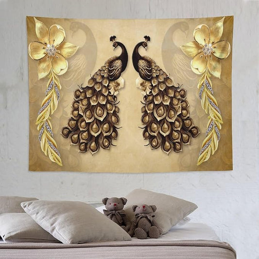 ZhiRain Gold Peacock Tapestry Wall Hanging Vintage Bird Rustic Animal Elegant Flower Luxury Tapestries Home Decor for Living Room Bedroom Farmhouse Apartment Dorm 60"x80"