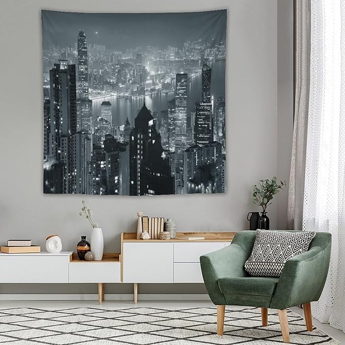 ZhiRain City Tapestry Wall Hanging Aerial Night View Hong Kong Skyline Modern Famous Urban Town Tapestries Home Decor for Living Room Bedroom Apartment Farmhouse Dorm 60"x60"