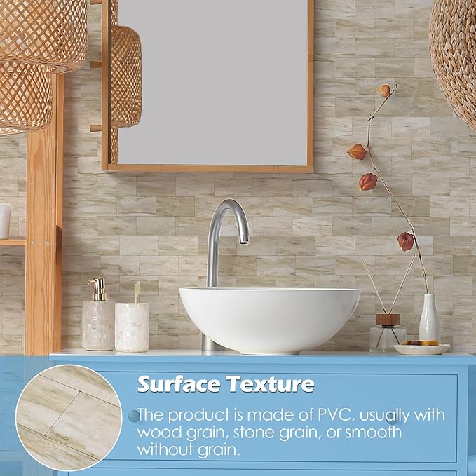 10-Pack Peel and Stick Tile Backsplash 12"X12" PVC Wall Tiles, Stick on Backsplash for Kitchen, Bathroom Tile, Fireplace Décor, Laundry Table, Stair Decals in Light Beige Stone