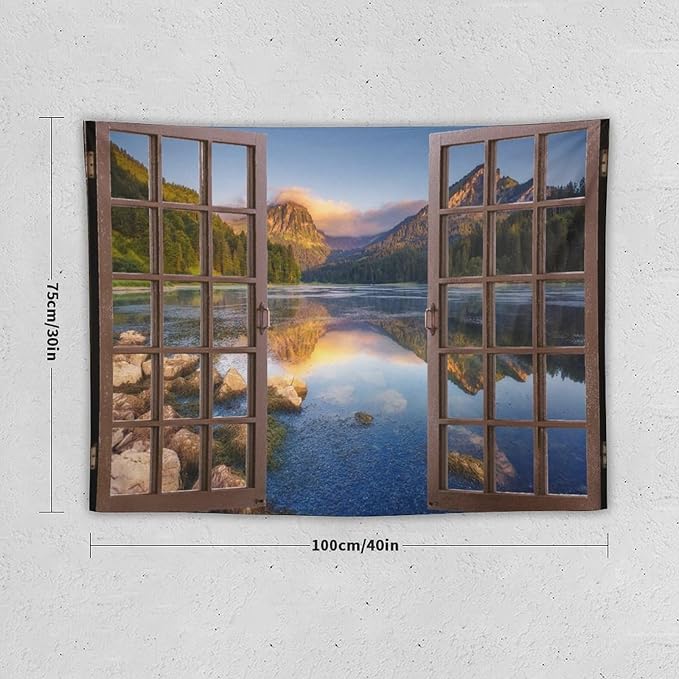 ZhiRain Mountain Scenery Tapestry Wall Hanging Wooden Window View Beautiful Lake Landscape Tapestries Home Decor for Living Room Bedroom Apartment Farmhouse Dorm 30"x40"