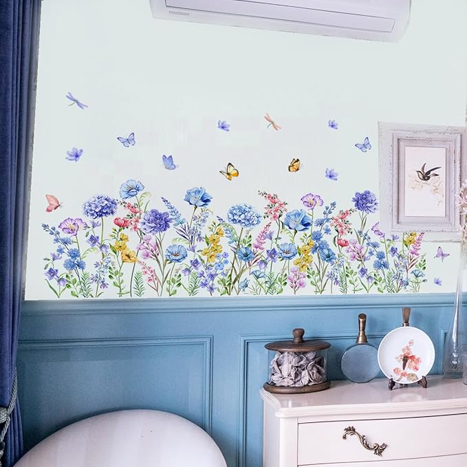 2 Pieces Purple Flowers Wall Decals Vinyl Hydrangea Wall Stickers Removable Floral Art Murals Peel and Stick Colorful Butterfly Decor for Girls Bedroom Living Room Nursery