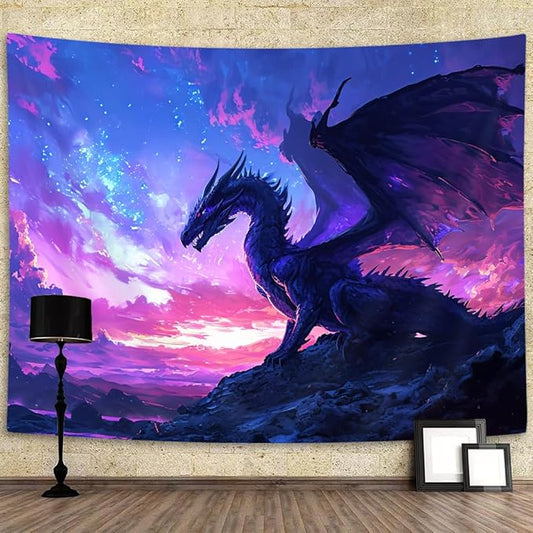 YDIDIAN Purple Dragon Wall Art, Medieval Fantasy Animals Cool Dragon Tapestry, Dreamy Starry Sky Art Aesthetics Wall Decor for Home College Dorm Living Room, Panels 90 x 70IN