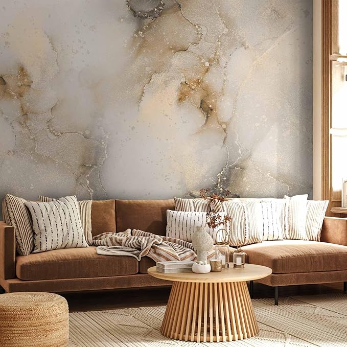 artgeist Wall Mural Abstract 173x124 in - Peel and Stick Self-Adhesive Wallpaper Removable Large Sticker Foil Wall Decor Print Design Mural Beige White Marble f-C-10058-a-a