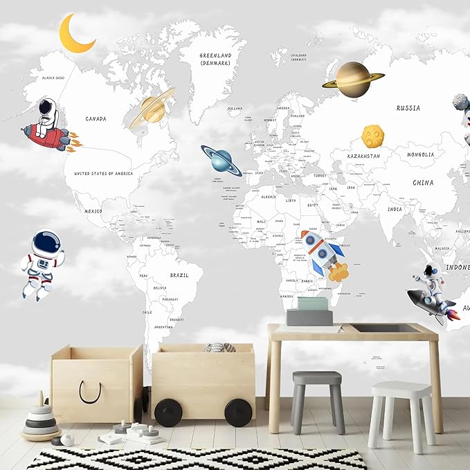 YQWDMX - Grey map Peel and Stick Wallpaper Cartoon Planet Kids Wall Mural for Nursery ZY04 L