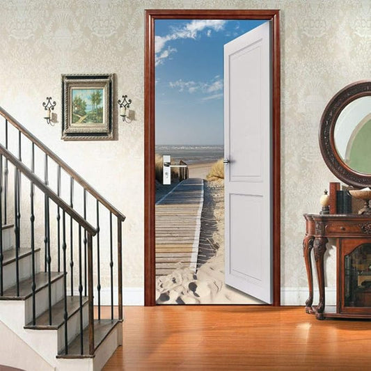 3D Self-Adhesive Door Poster - Beach Street Premium PVC Waterproof Film Photo Wallpaper Sticker for Bedroom Living Room Decoration 80 x 200 cm