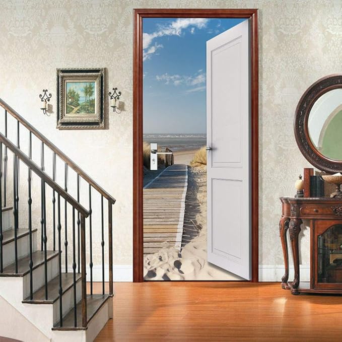 3D Peel and Stick Murals - Outer Beach Road Wallpaper Self-Adhesive Decals Removable PVC Waterproof Door Poster for Bedroom Living Room Decoration 33.9 x 78.7 inch