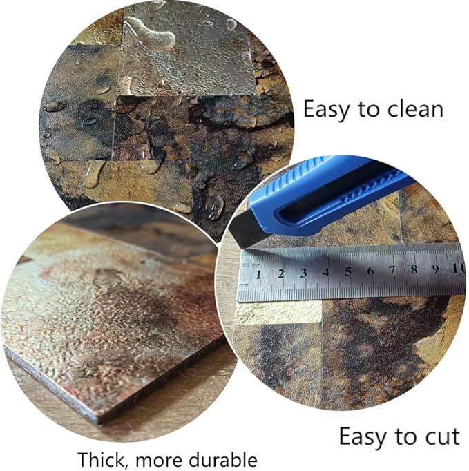 YMMXGE 5-Sheet Peel and Stick Backsplash Stone Tiles, Brushed Aluminum PVC Surface Metal Mosaic Sticker for Kitchen Wall (11.81"x11.81"Per Sheet) (5, Golden & Brown)