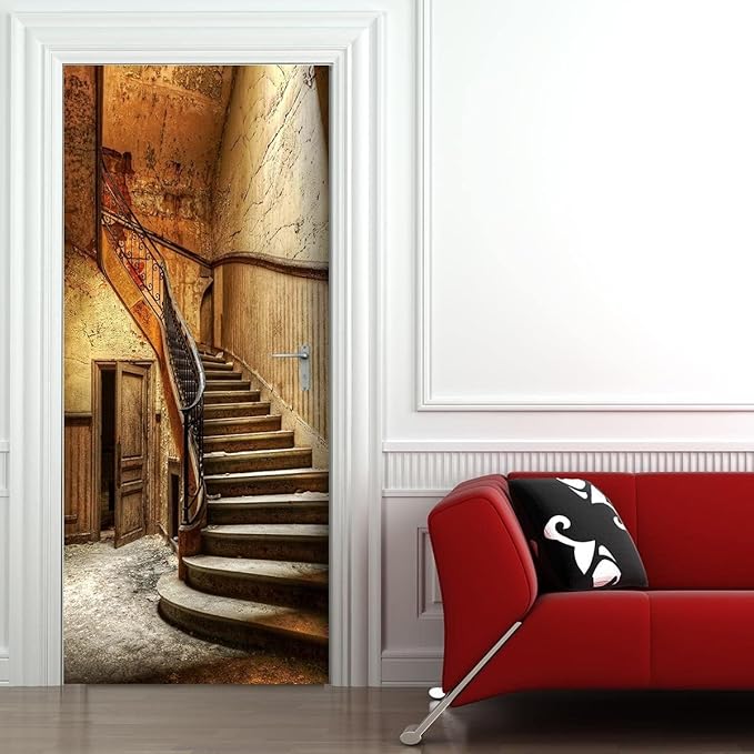 3D Door Wallpaper Self-Adhesive Sticker - Old Stairs Film Poster Premium PVC Waterproof Wall for Bedroom Living Room Decoration 90 x 200 cm