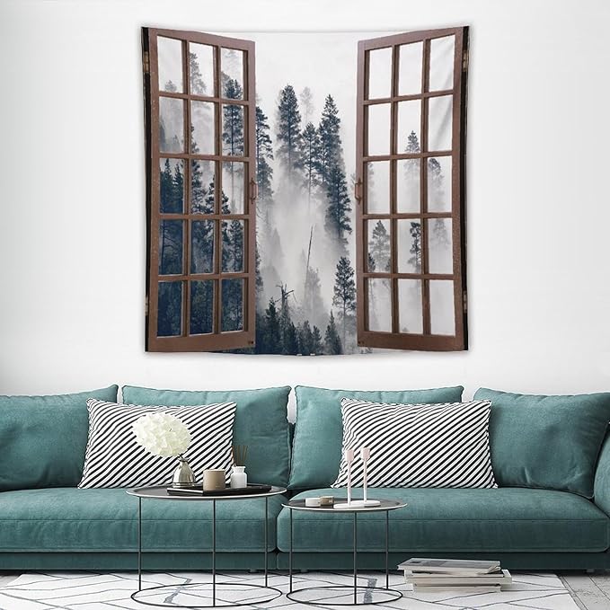 ZhiRain Misty Forest Landscape Tapestry Wall Hanging Wooden Window Forest Mountain Tree Scenery Tapestries Home Decor for Living Room Bedroom Apartment Farmhouse Dorm 60"x60"